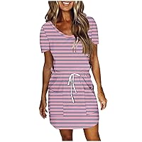 Womens Drawstring Waist Striped Mini Dress, Loose Fit V Neck Short Sleeve Casual Summer T-Shirt Dresses with Pockets