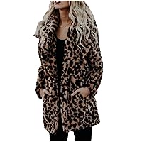 Womens Leopard Faux Fur Fluffy Coats Lepal Long Sleeve Winter Warm Fashion Outwear with Pockets Oversized Cardigan