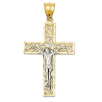 14K Two-Tone D/C Large Block Filigree Crucifix Pendant Fine Jewelry Gift For Her For Women