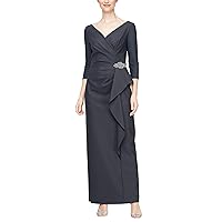Alex Evenings Women's Slimming Long Length ¾ Sleeve Mother of The Bride Dress with Cascade Skirt and Side Rushing, Charcoal Ruffle
