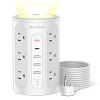 Power Strip Tower with Night Light, PD 20W Surge Protector Power Strip with USB Ports, 10 FT Extension Cord with Multiple Outlets (12AC+3A+2C) for Home Office Desk DormRoom (White)