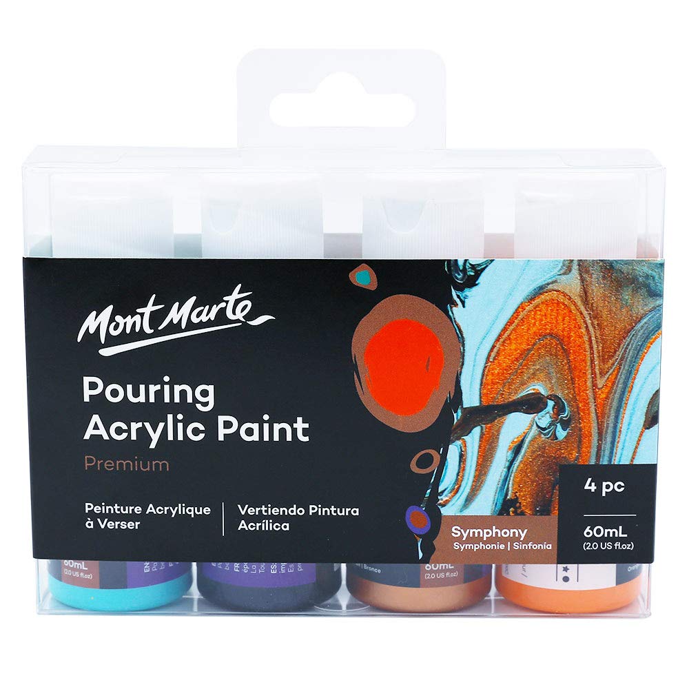 Mont Marte Premium Pouring Acrylic Paint, Symphony, 4pc Set, 2oz (60ml) Bottles, Pre-Mixed Acrylic Paint, Suitable for a Variety of Surfaces Includ...