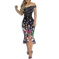Bodycon Dresses for Women V-Neck Cold Shoulder Ruffle Midi Dress Split High Waisted Prom Cocktail Party Gowns