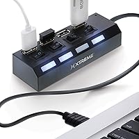 Xtreme 4-Port USB Hub, 4 Individual LED Power Switches, Works With Laptops/Desktops, Supports All USB Devices: Wireless Mice, Smartphones, Tablets, Plug and Play Installation