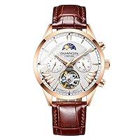 Men Analog Automatic Self Winding Mechanical Skeleton Wrist Watch with Stainless Steel/Leather Band Moon Phase Luminous