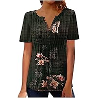 Button Down Shirts for Women Summer Floral Print Tunic Empire Waist Short Sleeve Henley v Neck Spring Blouses