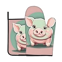 Cute Long Ear Pig Oven Mitts and Pot Holders2 Pcs Set Heat Resistant Microwave Gloves Baking Cooking