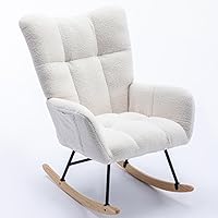 Rocking Chair for Nursery Wingback Glider Rocker with Safe Solid Wood Base Soft Teddy Fabric Rocking Chair for Living Room Bedroom White