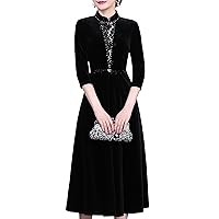 Women's Velvet Patchwork Dresses Stand Collar 3/4 Sleeve Beaded Rhinestone Elegant Wedding Dinner Party Midi Dress