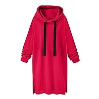 Long Hoodies for Women Oversize Longline Pullover Sweatshirt Split Hem Drawstring Hoodie Dress with Kangaroo Pocket