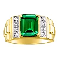 Rylos Men's Rings Designer Style 10X8MM Emerald Cut Shape Gemstone & Sparkling Diamonds - Color Stone Birthstone Rings for Men, Yellow Gold Plated Silver Rings in Sizes 8-13. Mens Jewelry