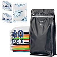 60pcs 16oz 1/2 lb Black Coffee Bags with Valve+60 Packs 5 Grams Silica Gel Packs Desiccant Packets for Storage, Transparent Desiccant