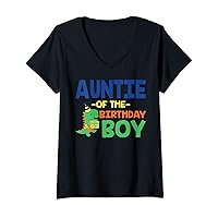 Womens Auntie of The Birthday For Boy Saurus Rex Dinosaur Party V-Neck T-Shirt