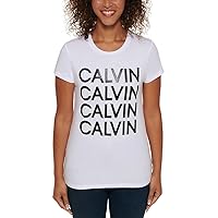 Calvin Klein Jeans Ladies' Logo Crewneck Tee | Womens Summer Tops Graphic Tees | Womens Short Sleeve Tops - White