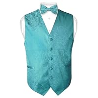 Vesuvio Napoli Men's Paisley Design Dress Vest & Bow Tie TURQUOISE AQUA BLUE Color BOWTie Set