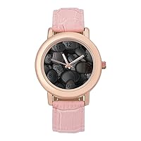 Black Pebble Stones Womens Watch Round Printed Dial Pink Leather Band Fashion Wrist Watches