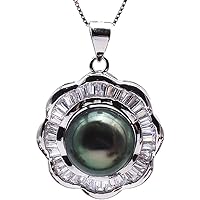 JYX Pearl Necklace 11.5mm Peacock Green Tahitian Pearl Pendant in 925 Sterling Silver