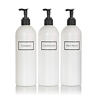 Silkscreened Empty Shower Bottle Set for Shampoo, Conditioner, and Body Wash, Cosmo/Bullet 16 oz 3-pack, White (Black Pumps)