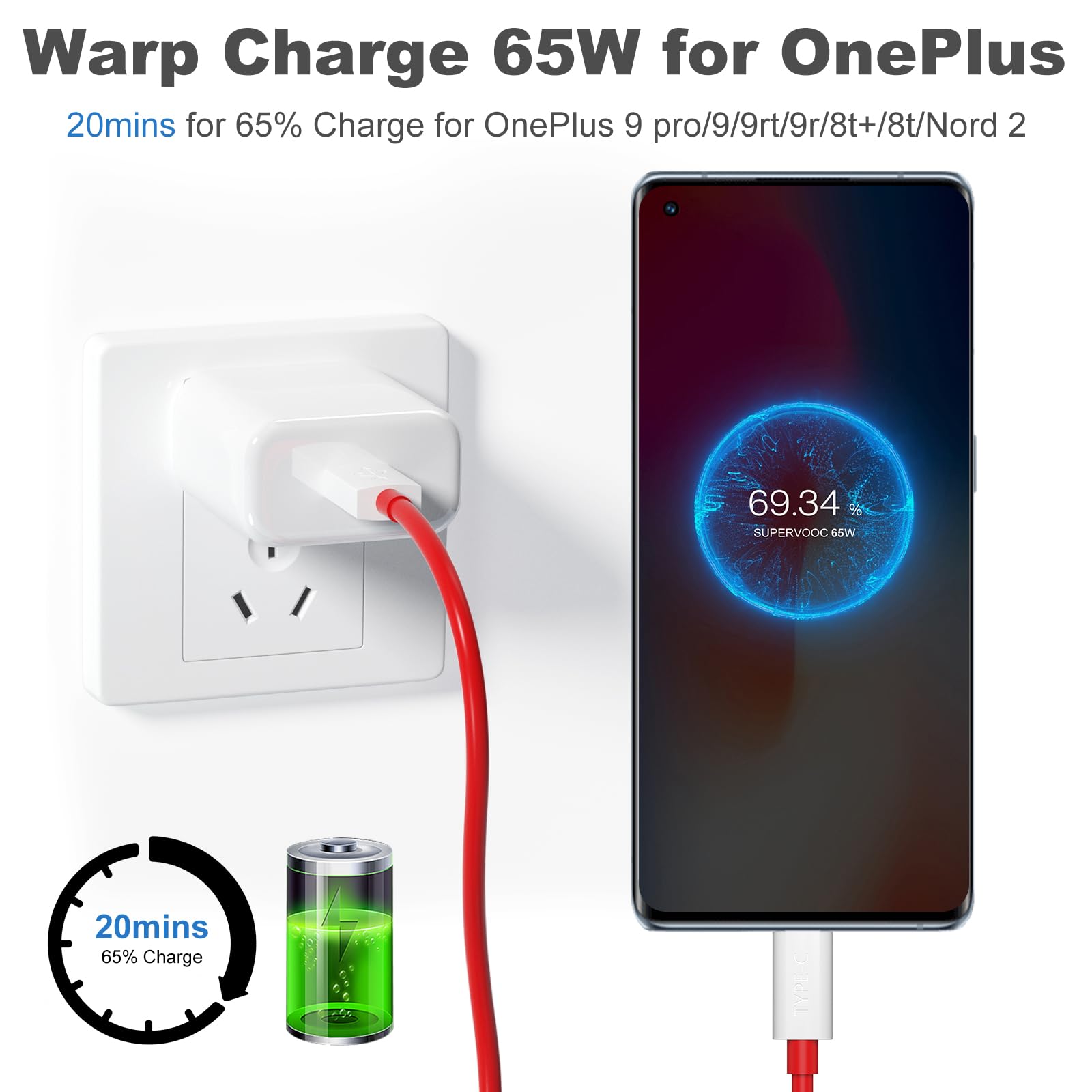 SuperVOOC Warp Charger for OnePlus 11 10 Pro SuperVOOC Warp Charger 65W for OnePlus Pad 10T Nord 9 Pro 8 7T 6 6T 5 5T Buds Pro with 3.3FT USB C Cable