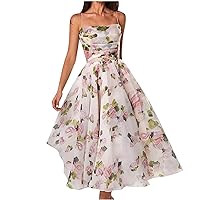 Women's Summer Sleeveless Spaghetti Strap Dress Floral Ruched Swing Beach Sundress Boho Flowy Midi Dress