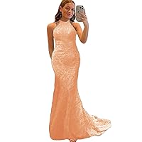 2023 Halter Neck Lace Mermaid Prom Party Gown Applique Trumpet Formal Evening Gown