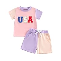 Infant Baby Boy Girl 4th of July Outfit Letter Flag Embroidery Shirts Shorts Set Newborn Clothes