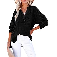 Dokotoo Womens Casual Button V Neck Long Sleeve Shirts Oversized Solid Blouses Tops