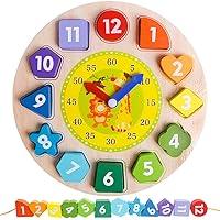 Skrtuan Wooden Shape Color Sorting Clock- Teaching Time Number Blocks Clock Shape Patterns Sorting and Animal Puzzle Montessori Early Learning Educational Toy Gift for 1 2 3 Year Old Toddler Baby Kids