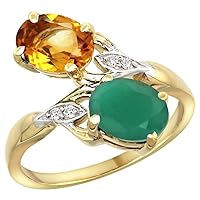 14k Yellow Gold Diamond Natural Citrine & Quality Emerald 2-stone Mothers Ring Oval 8x6mm, size 5 - 10