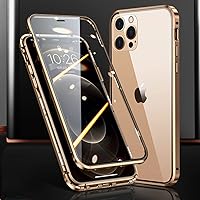 Metal Frame Double Sided Glass Magnetic Phone Case for iPhone 14 13 12 11 Pro Max X XS 8 7 14 Plus 13 12Mini Camera Lens Cover,Gold,for iPhone 12