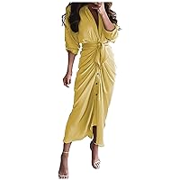 Women's Long Sleeves Dresses with Button-Down Sexy V-Neck Tie Waist Print Long Skirt Elegant Casual Maxi Dress