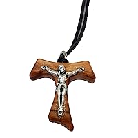 Tau Crucifix St. Saint Francis Olive Wood Cross With Necklace Cord Rope 1 inc With Silver Crucifix