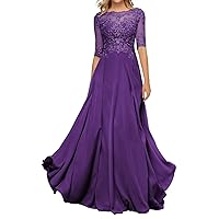 Women's Long Mother of The Bride Dresses Floor Length Lace Appliques Chiffon A Line Half Sleeves Formal Party Dress