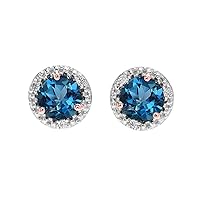 HALO STUD EARRINGS IN TWO TONE ROSE GOLD WITH SOLITAIRE LONDON BLUE TOPAZ AND DIAMONDS