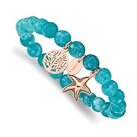 Chisel Stainless Steel and Polished Rose Ip Plated Sea shell Nautical Starfish And Tree Of Life 8mm Aqua Dyed Jade Beaded Stretch Bracelet Jewelry for Women