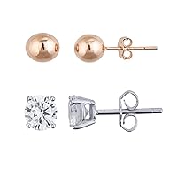 Sterling Silver Rose 4mm High Polish Ball & Rhodium 6mm AAA Round Solitaire Stud Set
