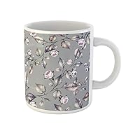 Coffee Mug Flowers and Exotic Leaves on Gray Floral Pattern Rose 11 Oz Ceramic Tea Cup Mugs Best Gift Or Souvenir For Family Friends Coworkers