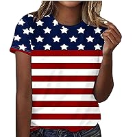 Patriotic Crewneck Shirts for Women American Flag Stars Stripes Print Tee Tops 4th of July Casual Loose Fit Blouses