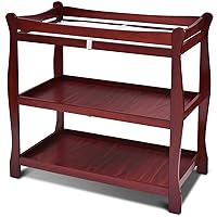Costzon Baby Changing Table, Infant Diaper Changing Table Organization, Newborn Nursery Station with Pad, Sleigh Style Nursery Dresser Changing Table with Hamper/ 2 Fixed Shelves (Wine)
