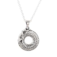 NOVICA Handmade .925 Sterling Silver Pendant Necklace Circular from India No Stone Animal Themed 'Dragon Ouroboros'