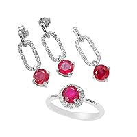 Natural Red Ruby 6 MM Round Cut Gemstone Ring Earring Pendant Women Jewelry Set 925 Sterling Silver July Birthstone Engagement Gift For Girlfriend Gift