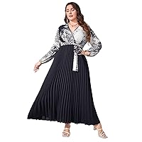Womens Plus Size Dresses Summer V Neck Wrap Baroque Print Pleated Belted Maxi A-Line Dress