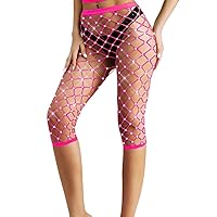 LUCKELF Women's Sparkle Capri Leggings High Waist Tights Rhinestone Fishnet Stockings Knee Length Pants