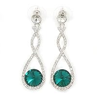 Bridal/Prom/Wedding Emerald Green/Clear Austrian Crystal Infinity Drop Earrings In Rhodium Plating - 50mm L