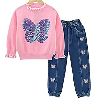 Peacolate 4-7Years Little Baby Girls Pants Set 2pcs Cotton Sequins Butterfly Sweater and Embroidered Bootcut Jeans(Pink butterfly,6Years)