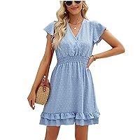 Womens Summer Mini Dress Chiffon Cutout Ruffle V-Neck Puff Sleeve Dresses Swiss Dot Boho Sundresses
