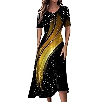 Long Maxi Dresses for Women Print Color V-Neck Short Sleeve Waist Long Swing Dress