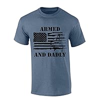 Mens Fathers Day Tshirt Armed and Dadly Patriotic Flag Funny Short Sleeve T-Shirt