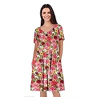 Women's Short Sleeve Empire Knee Length Dress with Pockets Pink Multi
