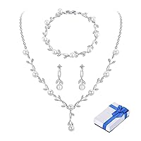 Wedding Jewelry Set for Bride Bridal Jewelry Set for Wedding Cubic Zirconia Necklace Earrings Bracelet Sets for Bride Silver Jewelry Set for Women Bridesmaid Jewelry Set for Wedding Costume Jewelry